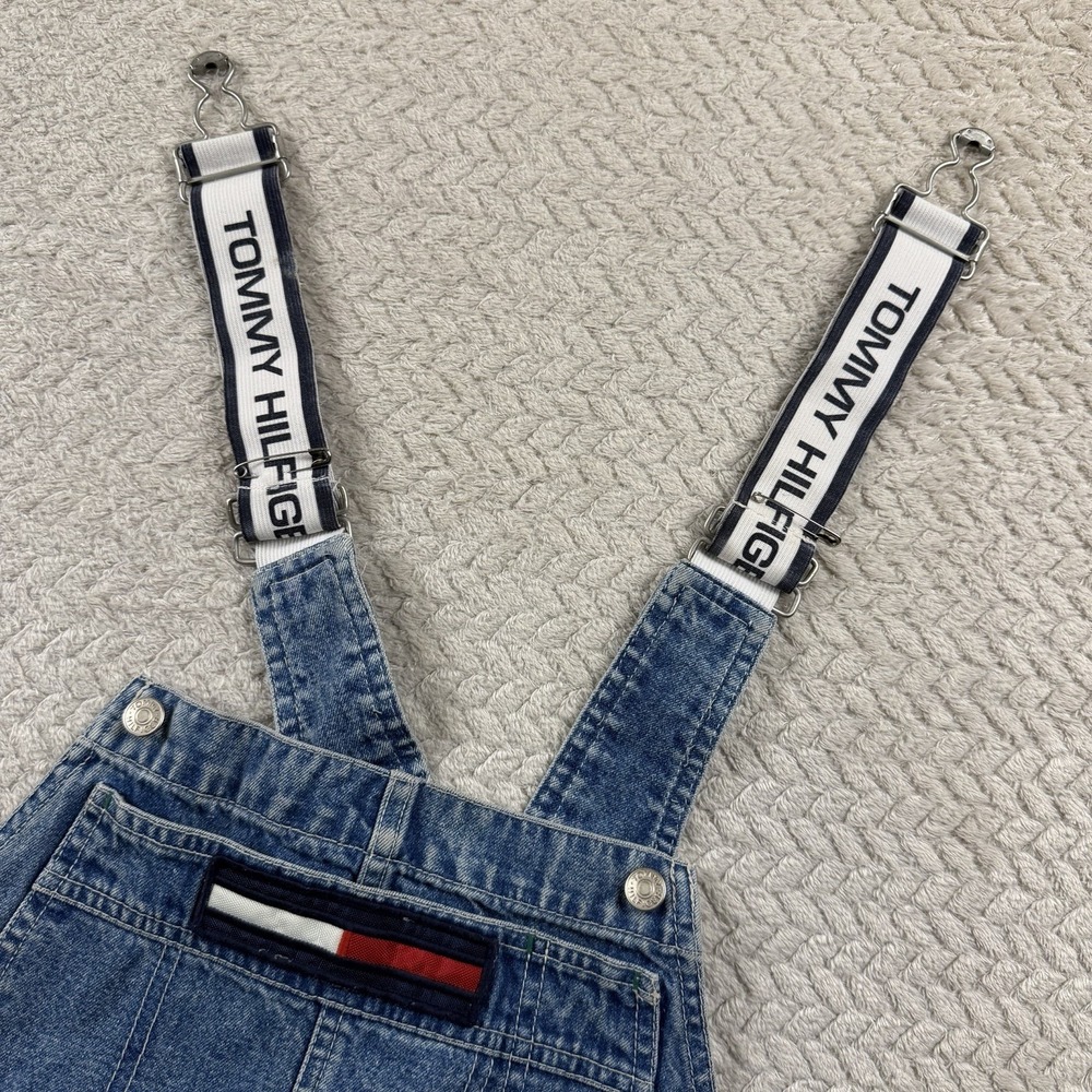 Vintage Tommy Hilfiger Denim Shortalls Womens Large Blue Logo Straps 90s Y2K - Picture 11 of 16
